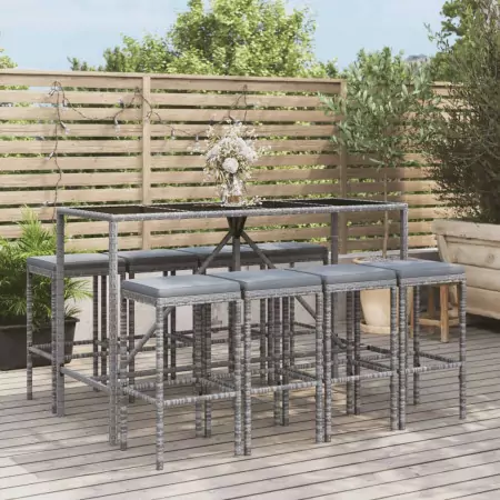 Set Bar da Giardino 9 pz con Cuscini in Polyrattan Grigio