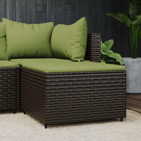 Poggiapiedi da Giardino con Cuscino in Polyrattan Marrone