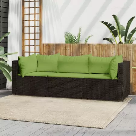 Set Mobili da Giardino 3 pz con Cuscini in Polyrattan Marrone