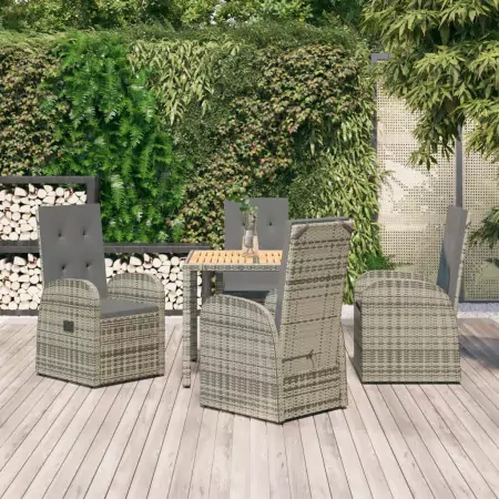 Set da Pranzo da Giardino 5 pz con Cuscini in Polyrattan Grigio