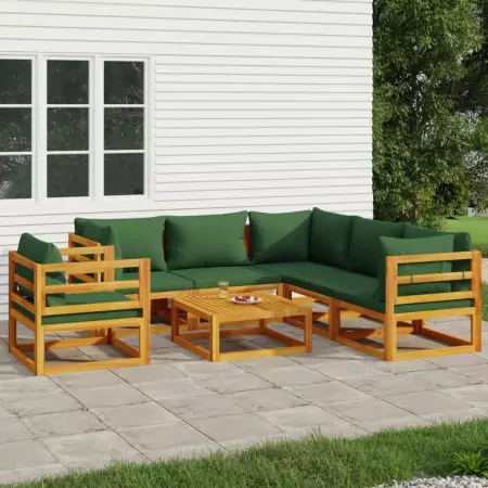 Set Salotto da Giardino 7pz con Cuscini Verdi in Legno Massello