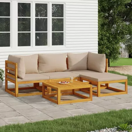 Set Salotto da Giardino 5pz con Cuscini Tortora Legno Massello