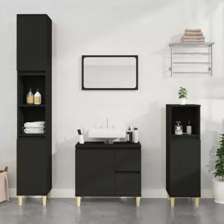 Set di Mobili da Bagno 3 pz Nero in Legno Multistrato