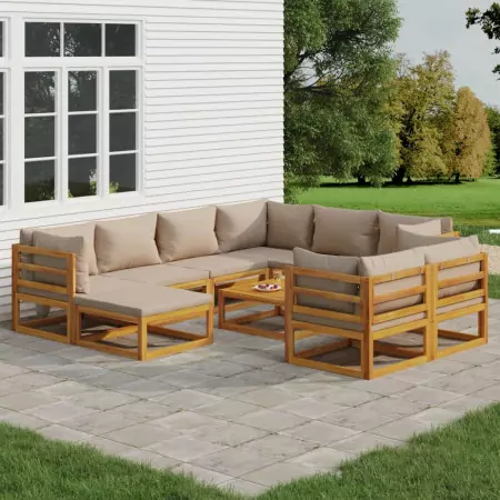 Set Salotto da Giardino 10pz con Cuscini Tortora Legno Massello