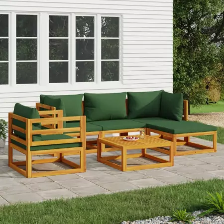 Set Salotto da Giardino 6pz con Cuscini Verdi in Legno Massello