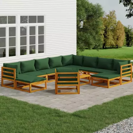 Set Salotto da Giardino 12pz con Cuscini Verdi Legno Massello