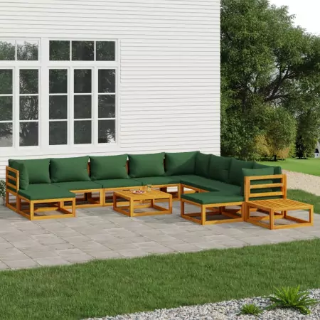 Set Salotto da Giardino 12pz con Cuscini Verdi Legno Massello