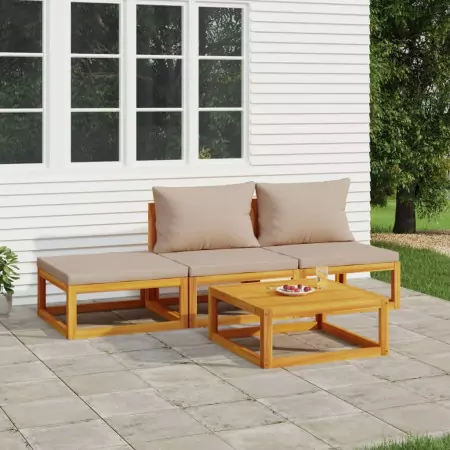 Set Salotto da Giardino 4pz con Cuscini Tortora Legno Massello