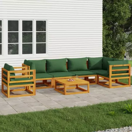 Set Salotto da Giardino 7pz con Cuscini Verdi in Legno Massello