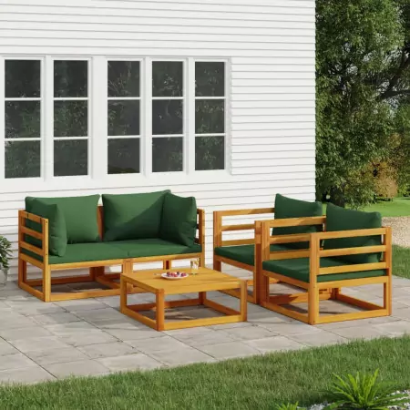 Set Salotto da Giardino 5pz con Cuscini Verdi Legno Massello