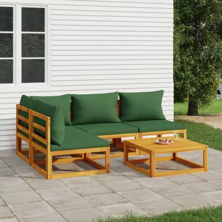 Set Salotto da Giardino 5pz con Cuscini Verdi Legno Massello