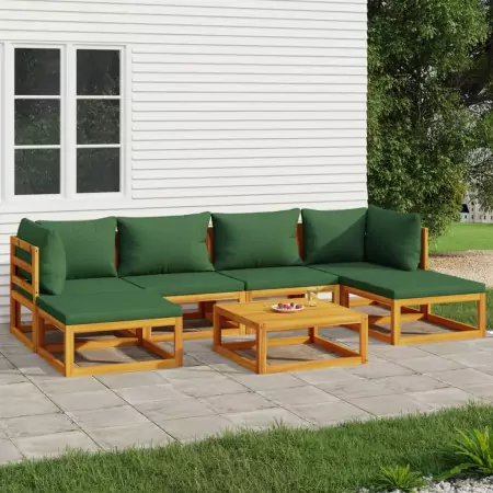 Set Salotto da Giardino 7pz con Cuscini Verdi in Legno Massello