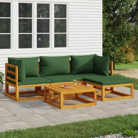 Set Salotto da Giardino 5pz con Cuscini Verdi Legno Massello