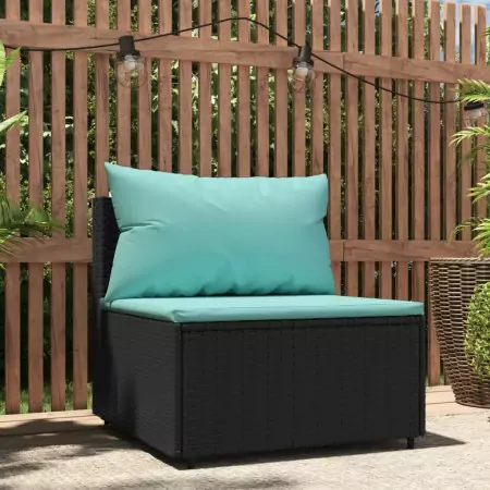 Divano Centrale da Giardino con Cuscini in Polyrattan Nero