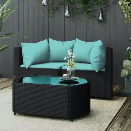 Set Divani da Giardino 3 pz con Cuscini Nero in Polyrattan