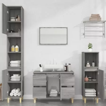 Set Mobili da Bagno 3 pz Grigio Sonoma in Legno Multistrato