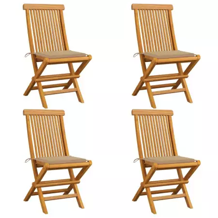 Sedie da Giardino con Cuscini Beige 4 pz Massello di Teak