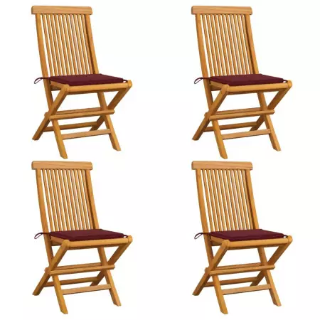 Sedie da Giardino con Cuscini Rosso Vino 4 pz Massello di Teak