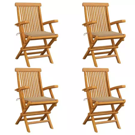 Sedie da Giardino con Cuscini Beige 4 pz Massello di Teak