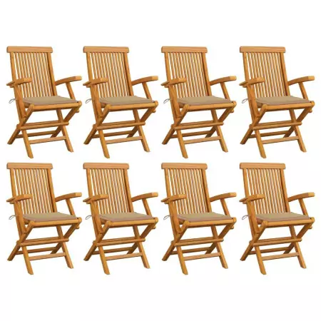 Sedie da Giardino con Cuscini Beige 8 pz in Massello di Teak