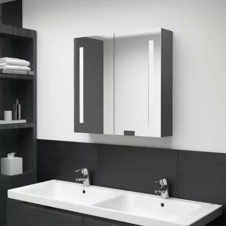 Armadietto Bagno con Specchio e LED Grigio 62x14x60 cm