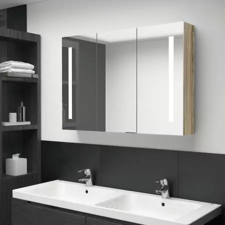 Armadietto Bagno con Specchio e LED Rovere 89x14x62 cm