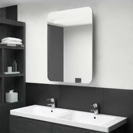 Armadietto Bagno con Specchio e LED Grigio Cemento 60x11x80 cm