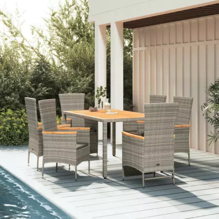 Set da Pranzo da Giardino 7 pz con Cuscini in Polyrattan Grigio