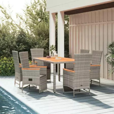 Set da Pranzo da Giardino 7 pz con Cuscini in Polyrattan Grigio