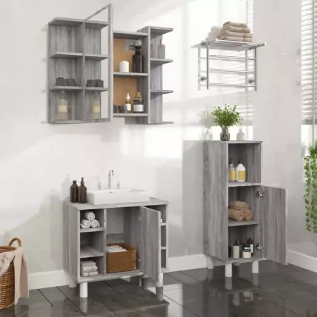 Set Mobili da Bagno 3 pz Grigio Sonoma in Legno Multistrato