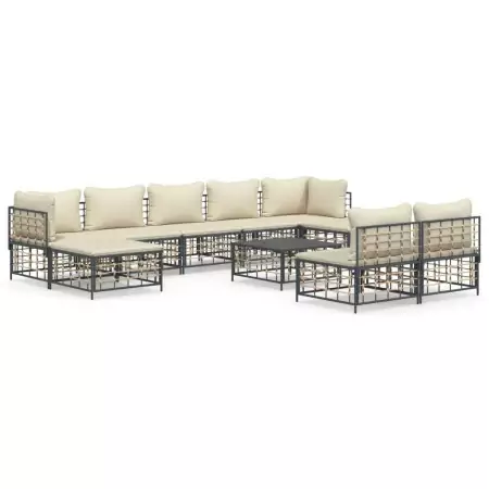 Set Divani da Giardino 10pz con Cuscini Antracite in Polyrattan