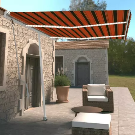 Tenda da Sole con LED Sensore Vento 350x250 cm Arancio Marrone