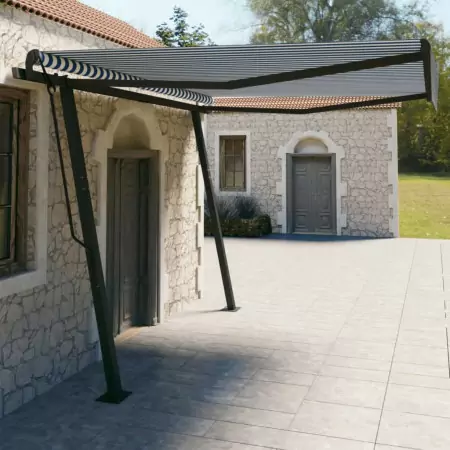 Tenda da Sole Retrattile Manuale con Pali 4x3 m Blu e Bianca