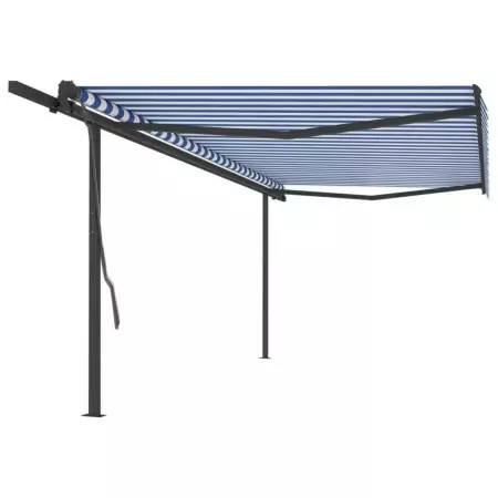 Tenda da Sole Retrattile Manuale con Pali 5x3 m Blu e Bianca