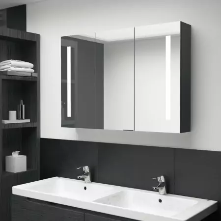 Armadietto Bagno con Specchio e LED Nero Lucido 89x14x62 cm