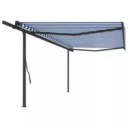 Tenda da Sole Retrattile Manuale con Pali 5x3,5 m Blu e Bianca