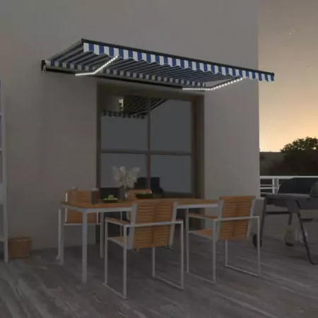 Tenda da Sole Retrattile Manuale con LED 400x350 cm Blu Bianca