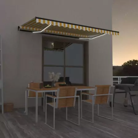 Tenda da Sole Retrattile Manuale LED 400x350 cm Gialla Bianca