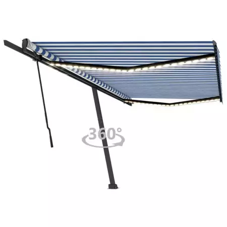 Tenda da Sole Retrattile Manuale con LED 500x300cm Blu e Bianca