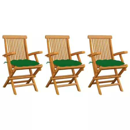 Sedie da Giardino con Cuscini Verdi 3 pz in Massello di Teak