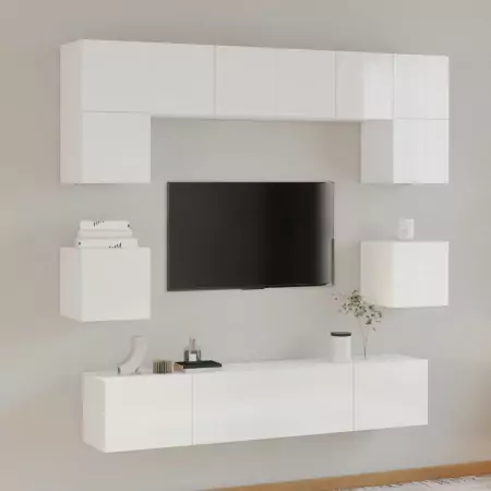 Set Mobili Porta TV 8pz Bianco Lucido in Legno Multistrato