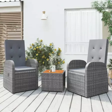 Set Mobili Giardino 3pz Grigio Polyrattan Legno Massello Acacia