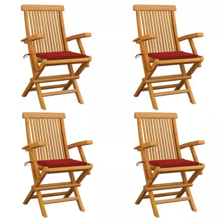 Sedie da Giardino con Cuscini Rossi 4 pz Massello di Teak