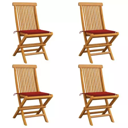 Sedie da Giardino con Cuscini Rossi 4 pz Massello di Teak