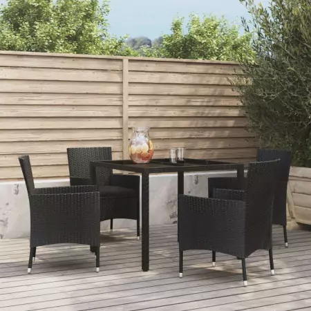 Set da Pranzo da Giardino 5 pz Nero con Cuscini in Polyrattan