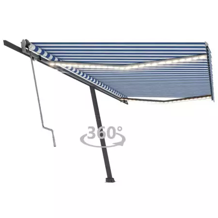 Tenda Automatica Sensore Vento e LED 500x300 cm Blu e Bianca