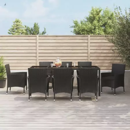 Set da Pranzo da Giardino 9 pz con Cuscini Nero in Polyrattan