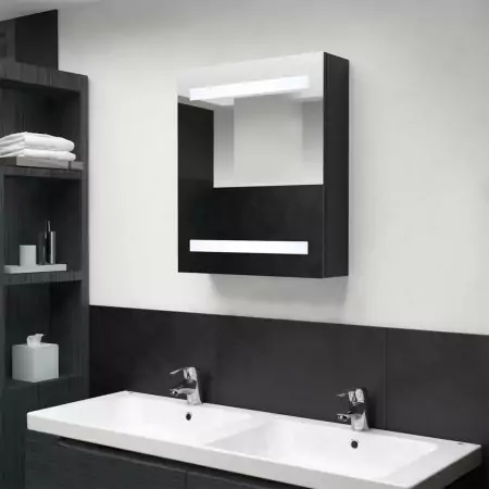 Armadietto Bagno con Specchio e LED Nero 50x14x60 cm