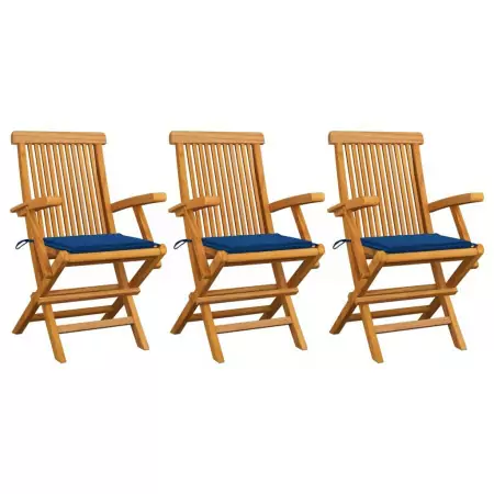 Sedie da Giardino con Cuscini Blu Reale 3 pz Massello di Teak