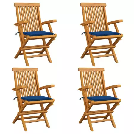 Sedie da Giardino con Cuscini Blu Reale 4 pz Massello di Teak